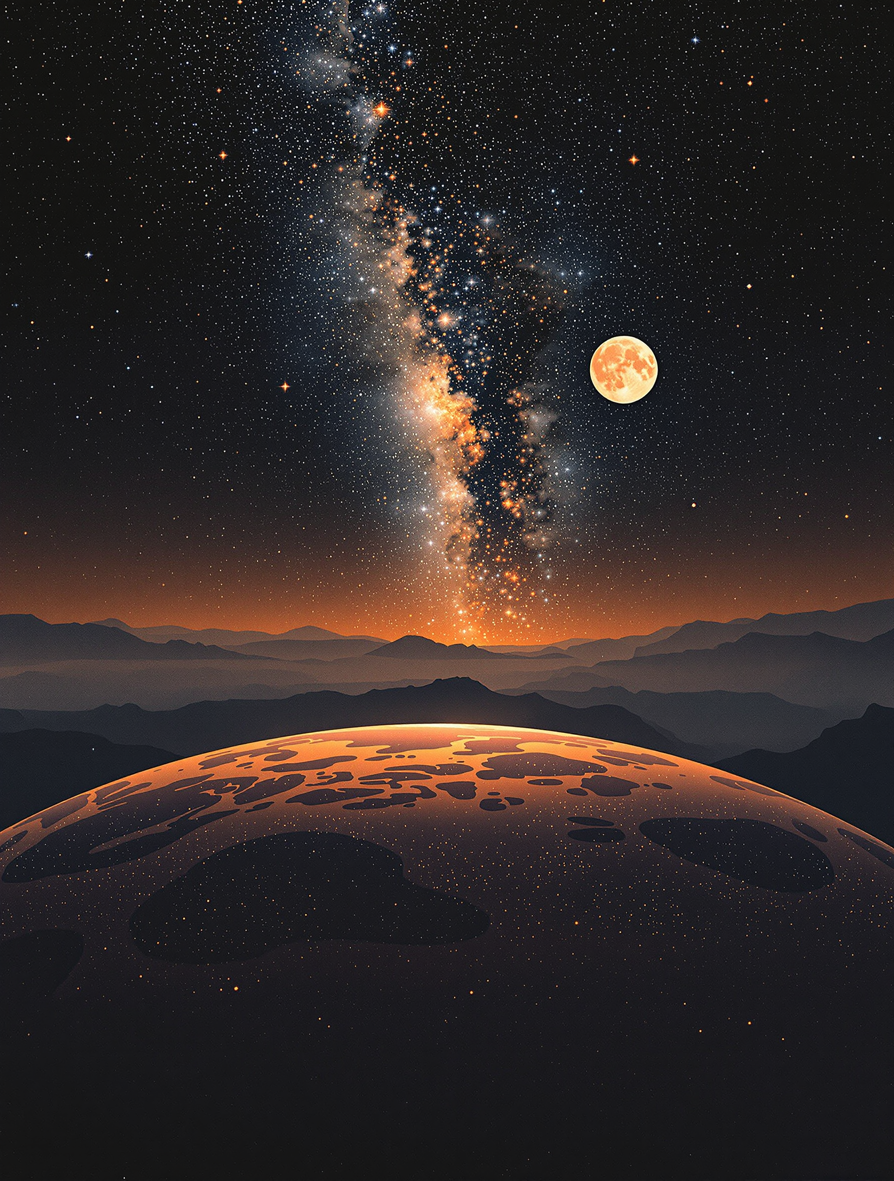 Cosmic Night Sky Over Alien Planet and Mountains, space, cosmos, milky way, moon, planet, mountains
