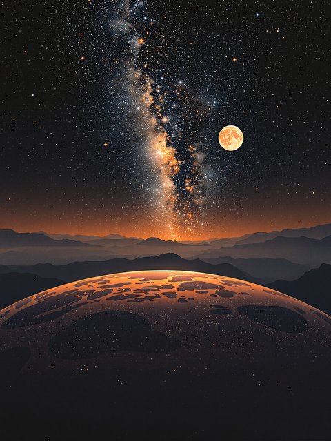 Cosmic Night Sky Over Alien Planet and Mountains