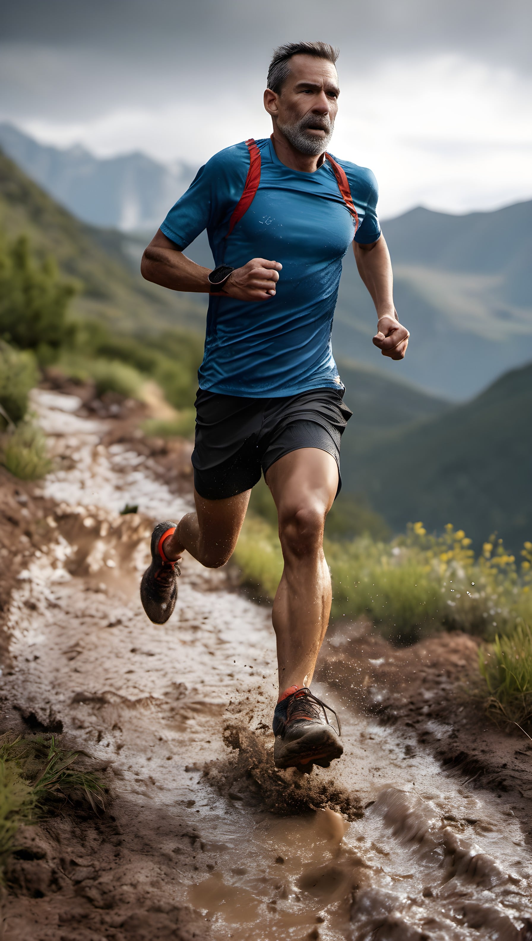 Dynamic Trail Runner Splashing Mud in Mountains, trail running, runner, mountains, muddy path, athlete, outdoor adventure