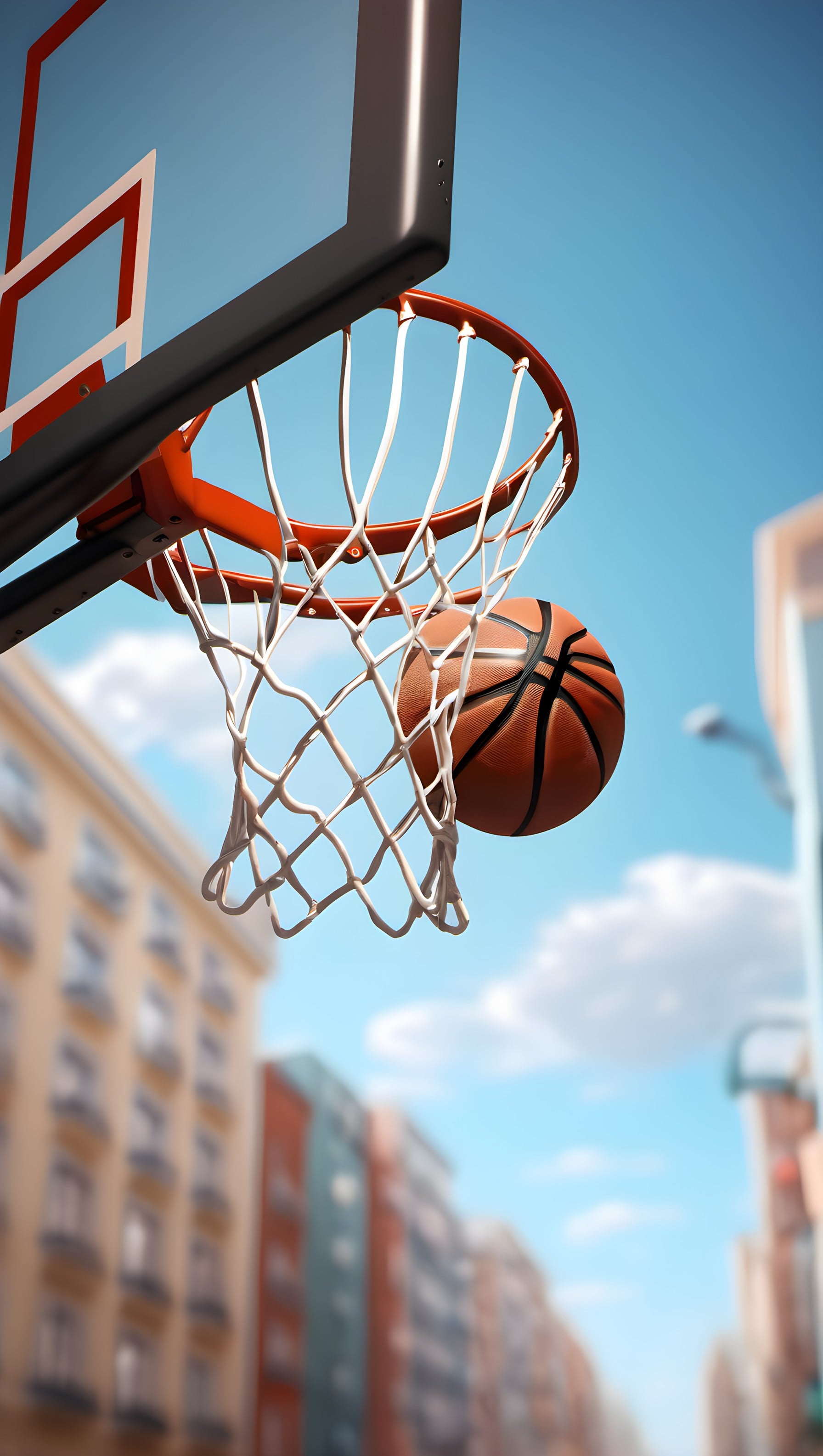 Dynamic Basketball Shot in Urban Cityscape Wallpaper, basketball, hoop, net, sports, urban, city