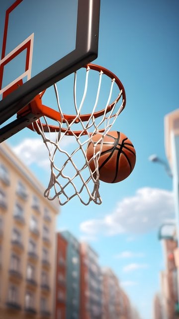 Dynamic Basketball Shot in Urban Cityscape Wallpaper