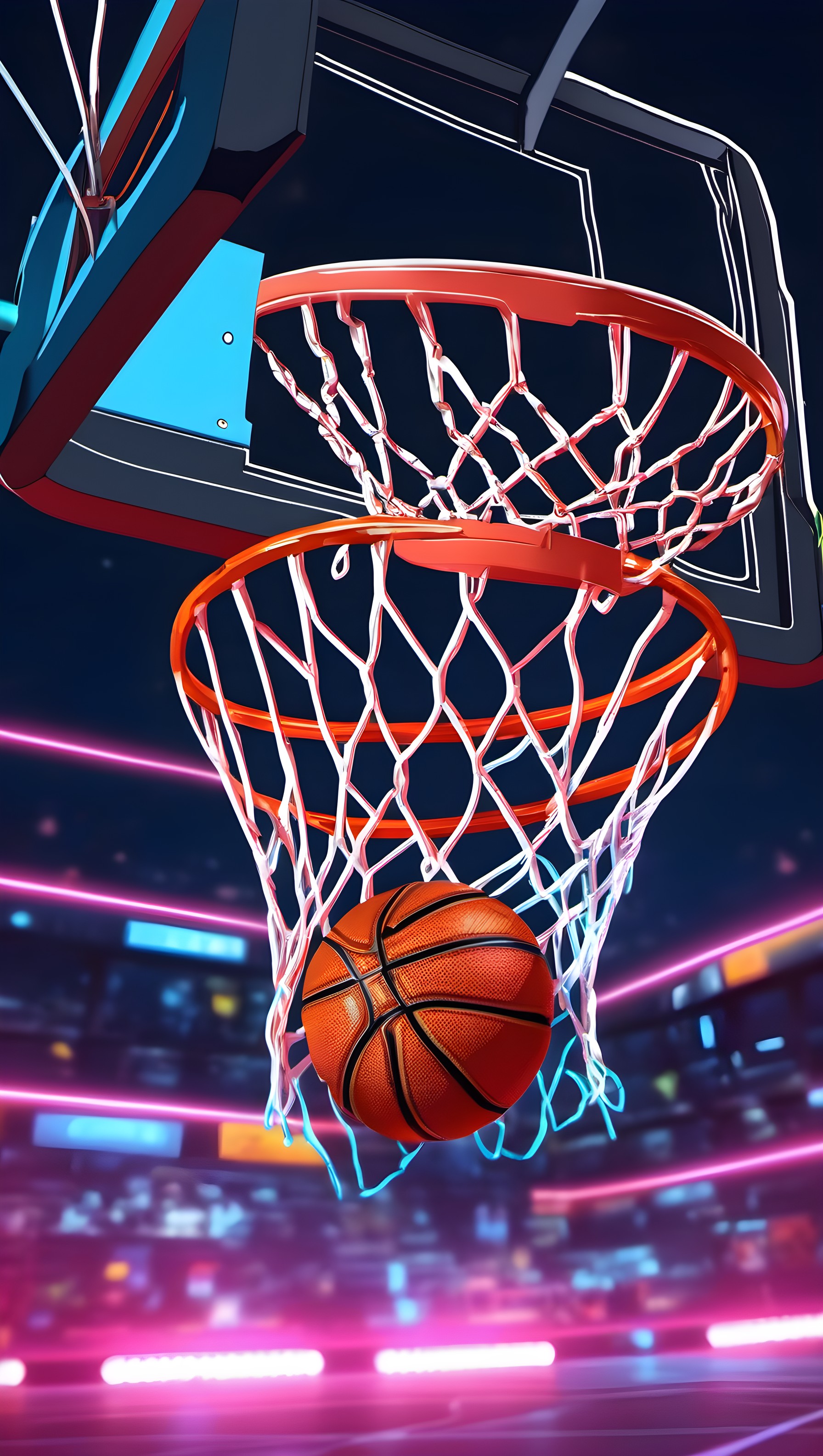 Vibrant Neon Basketball Hoop Slam Dunk Wallpaper, basketball, neon, sports, digital art, vibrant, orange