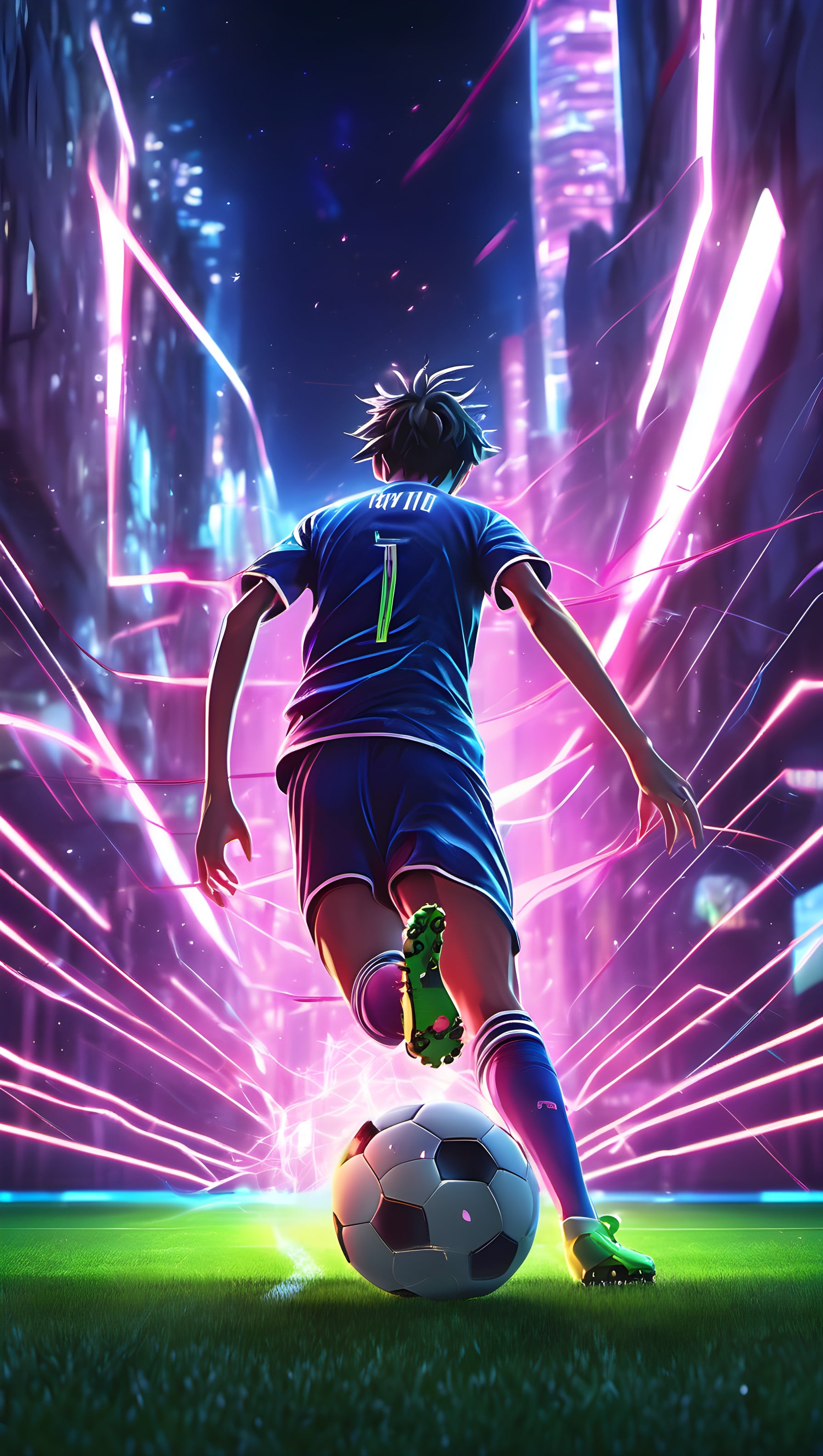 Neon Soccer Player in Futuristic Cyberpunk City, soccer, football, anime, futuristic, cyberpunk, neon