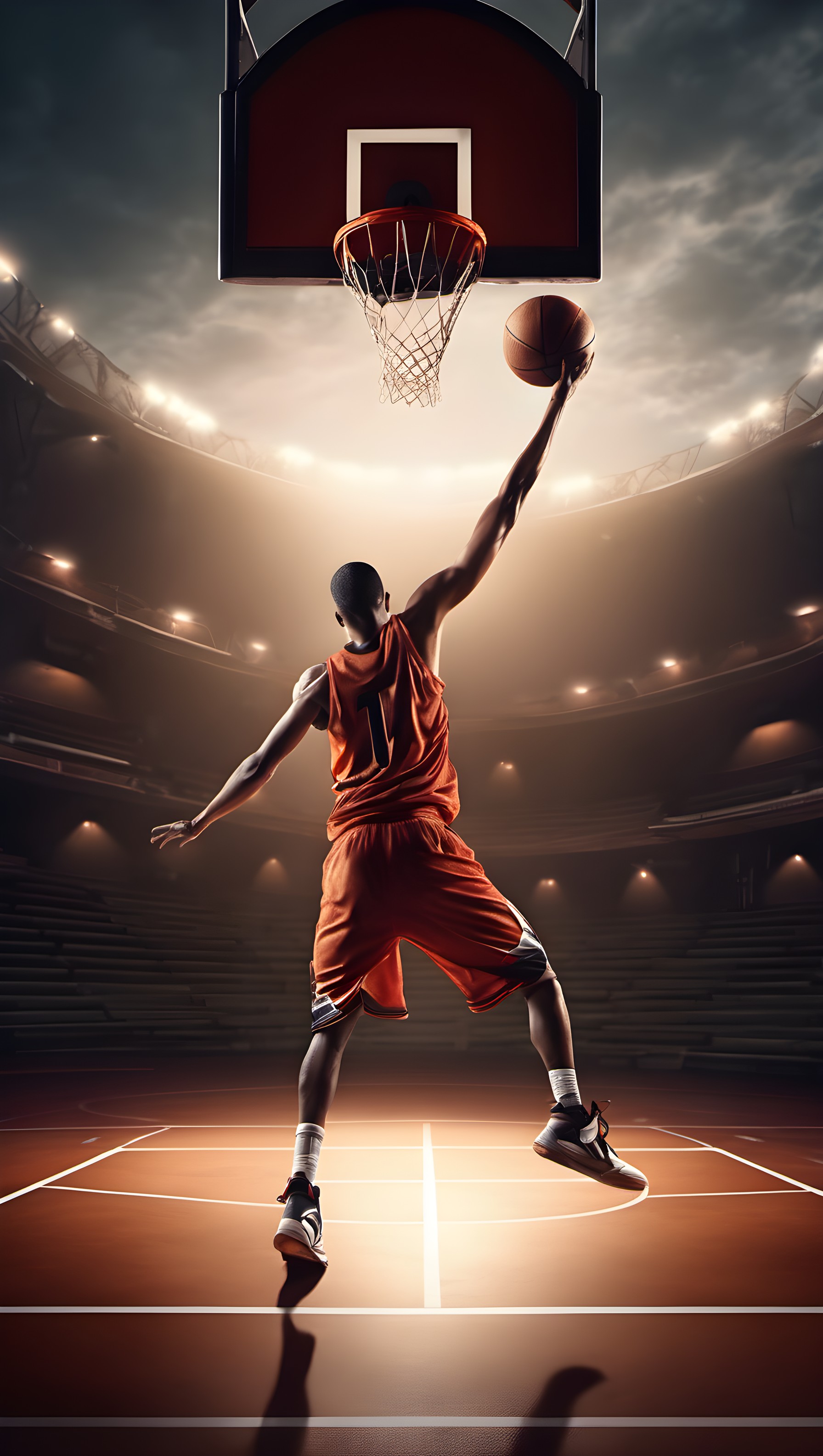 Dramatic Basketball Dunk in Spotlight Wallpaper, basketball, dunk, player, sports, arena, spotlight