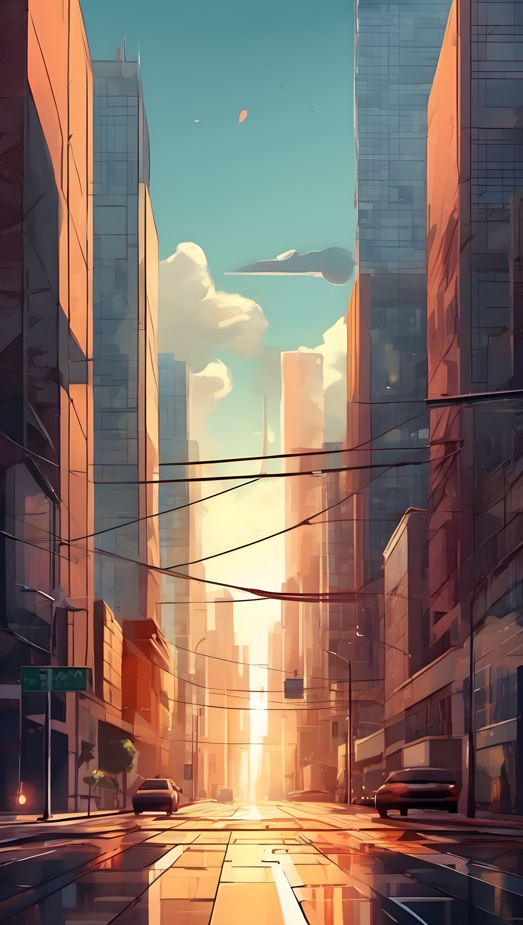 Futuristic Golden Hour City Street Wallpaper, cityscape, golden hour, urban street, futuristic, anime art, digital wallpaper