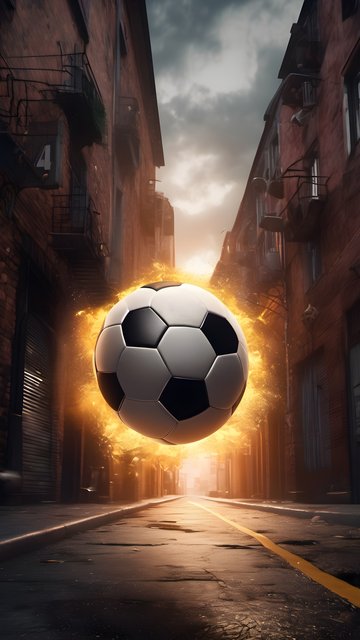 Fiery Soccer Ball in Urban Alleyway at Sunset