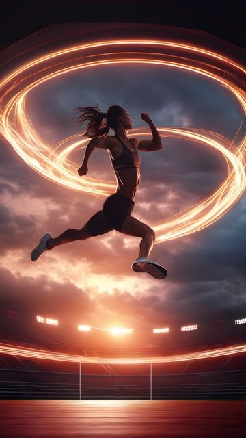 Dynamic Athlete Sprinting with Energy Trails in Stadium