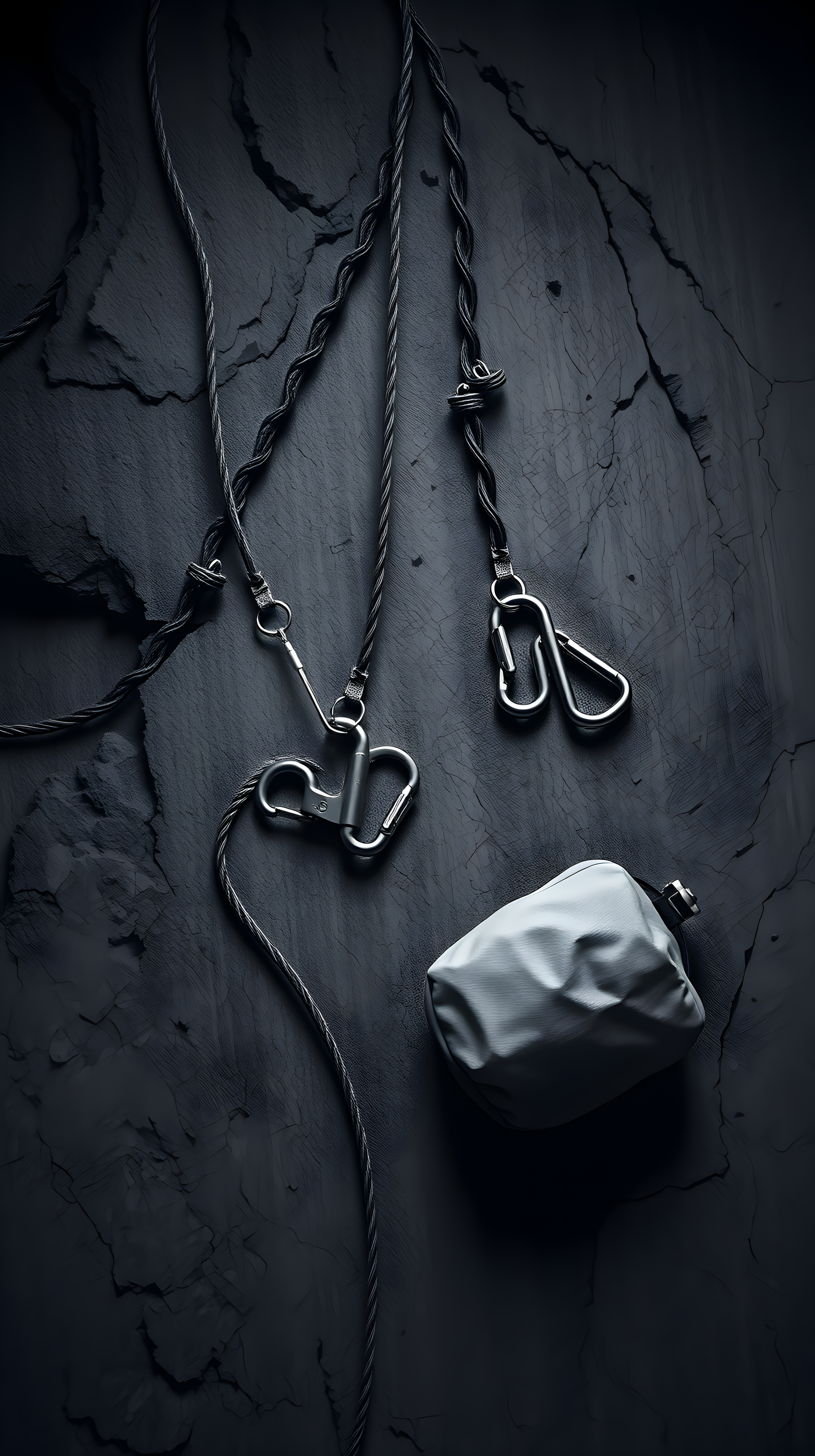 Dark Climbing Gear Still Life on Cracked Stone, climbing gear, carabiner, rope, chalk bag, dark aesthetic, industrial