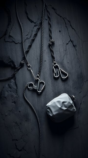 Dark Climbing Gear Still Life on Cracked Stone