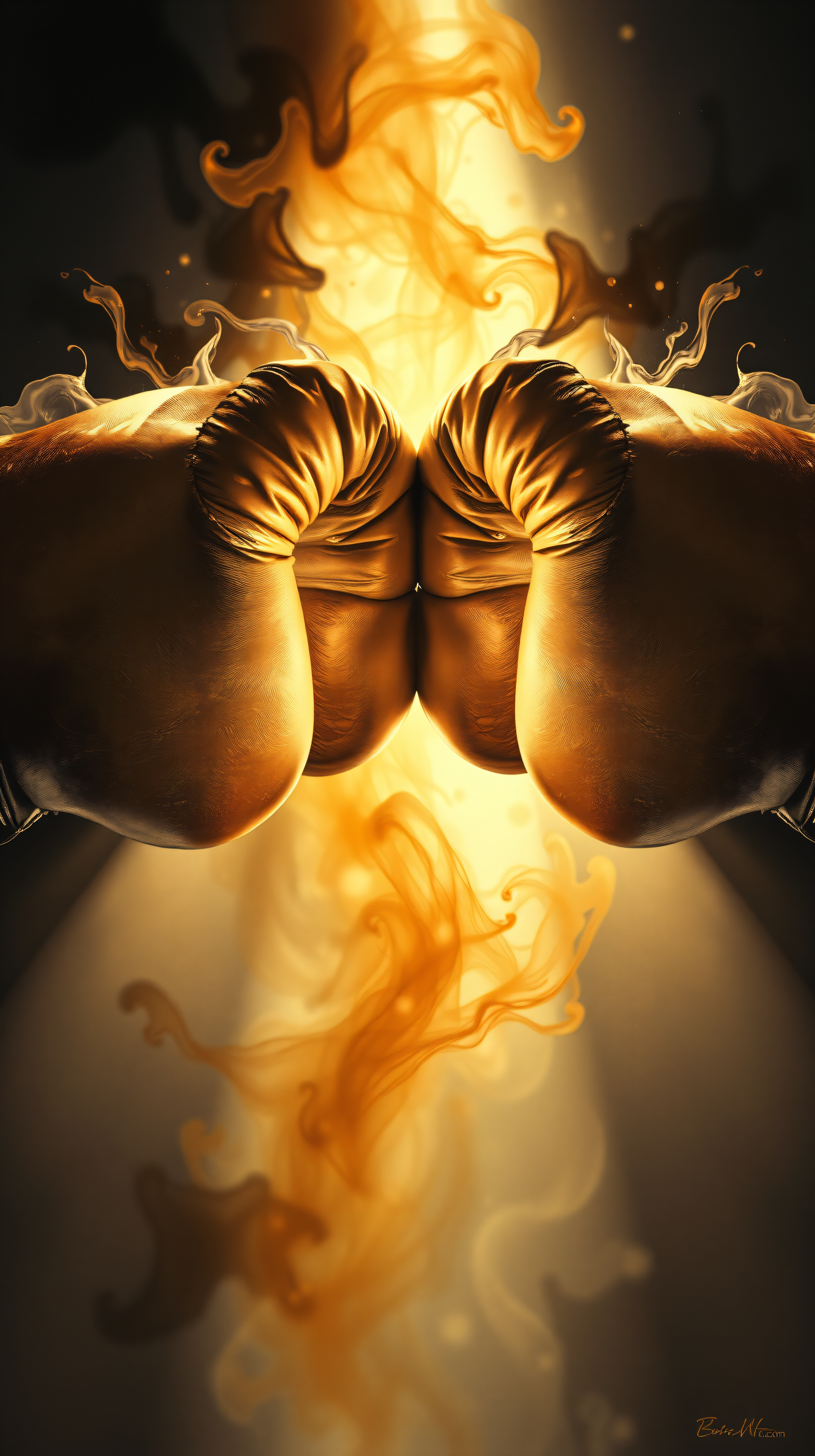 Golden Boxing Gloves Impact: Fiery Power Wallpaper, boxing, gloves, gold, fiery, power, impact