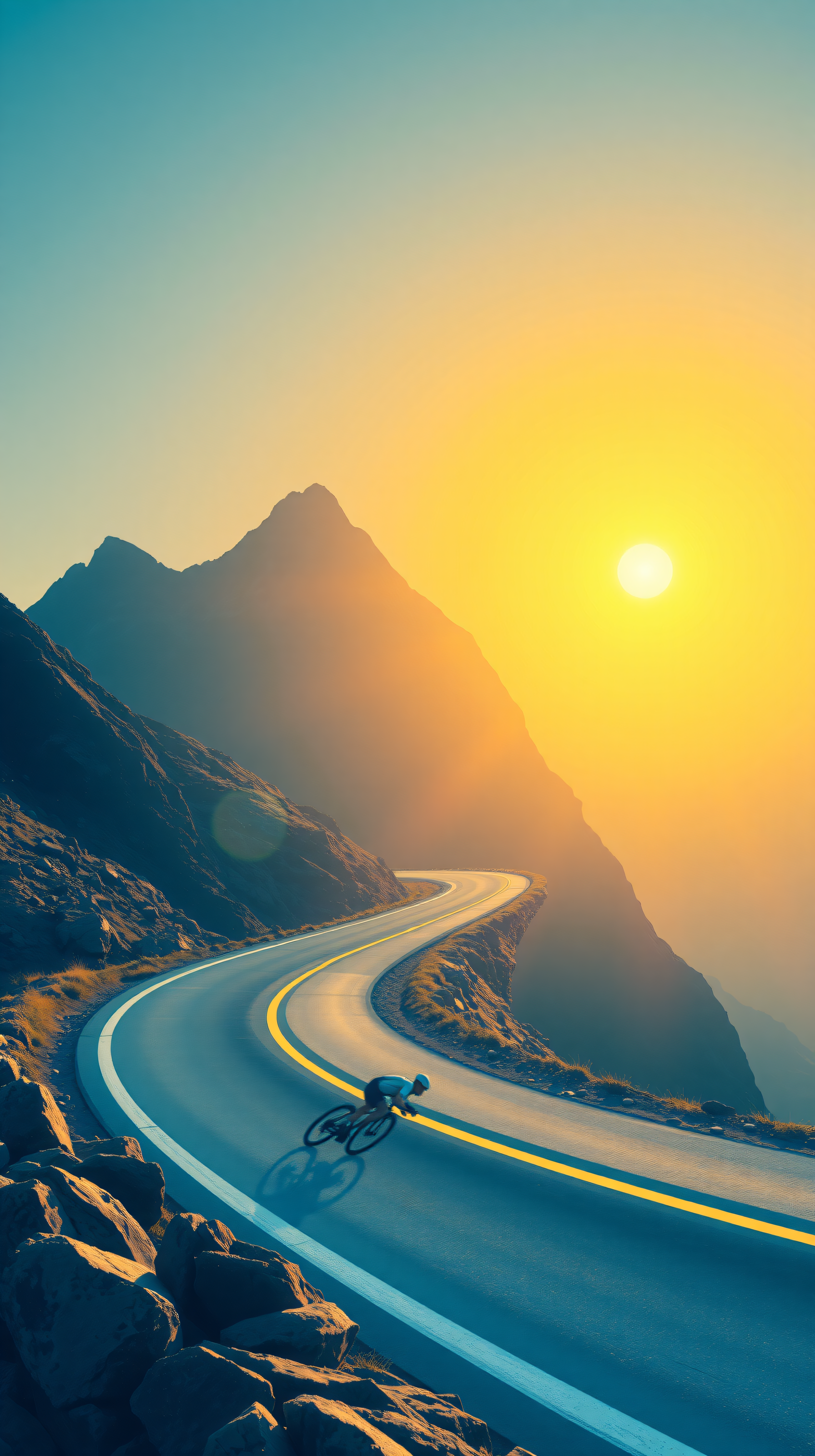 Mountain Cyclist on Winding Road at Sunrise, mountain road, cyclist, sunrise, cycling, sports, adventure