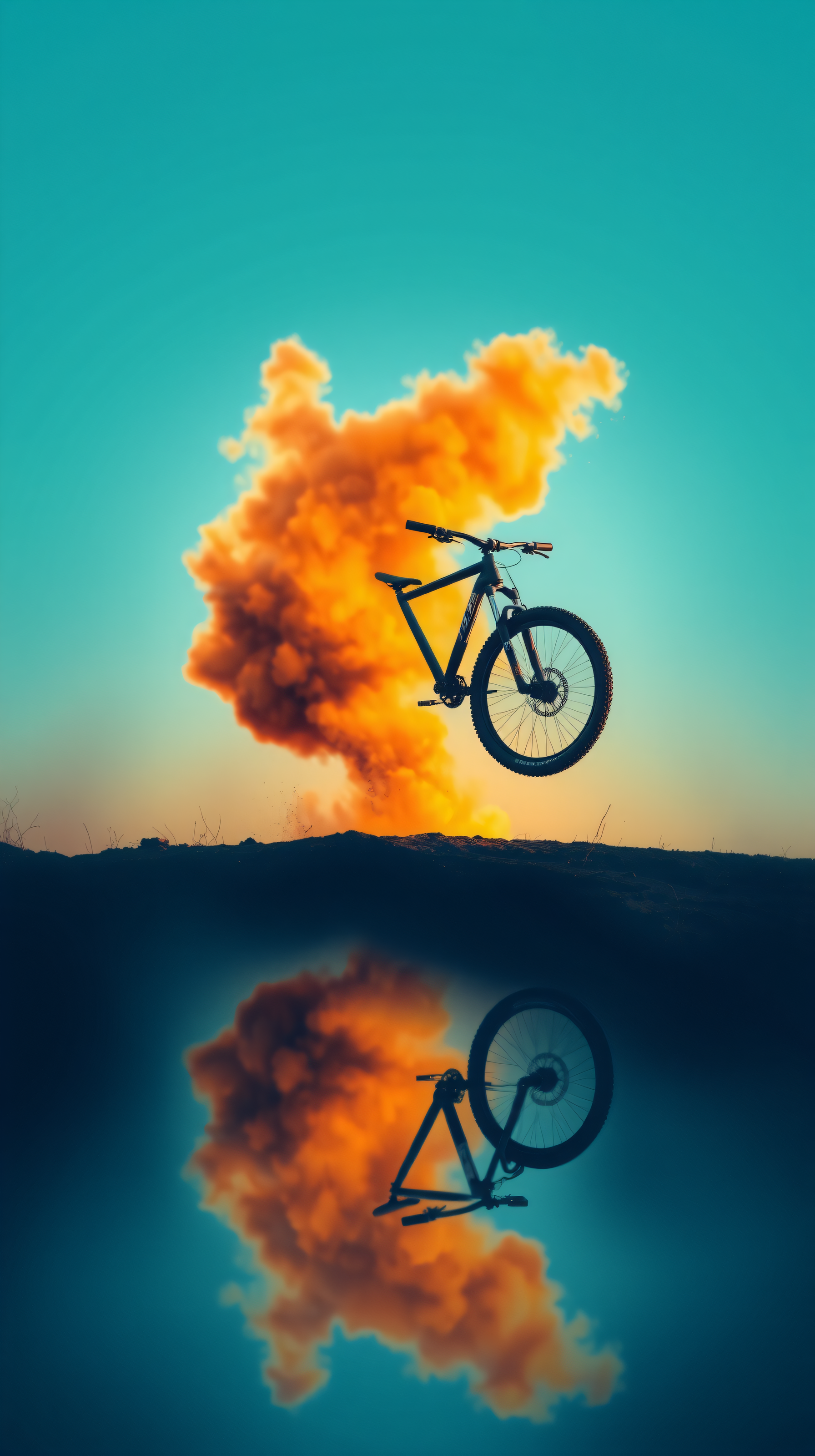Dynamic Mountain Bike Jump with Fiery Smoke, mountain bike, bike jump, fiery smoke, orange, teal, dynamic