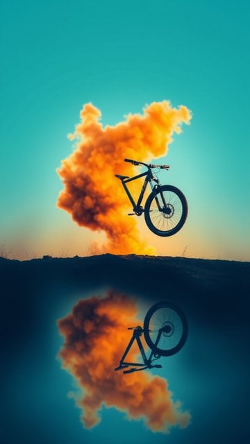 Dynamic Mountain Bike Jump with Fiery Smoke