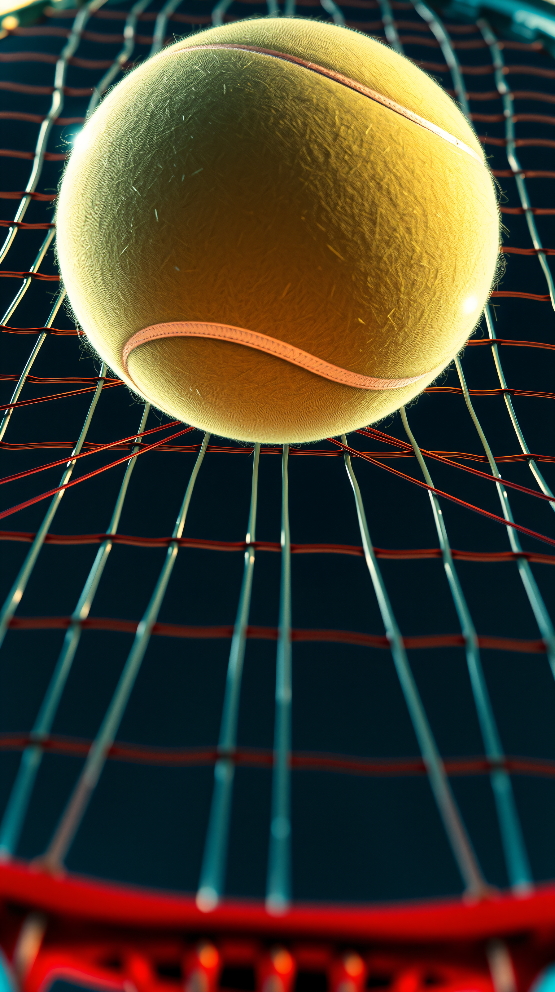 Dynamic Tennis Ball on Racket Strings Close-up, sports, tennis, tennis ball, racket, strings, close-up