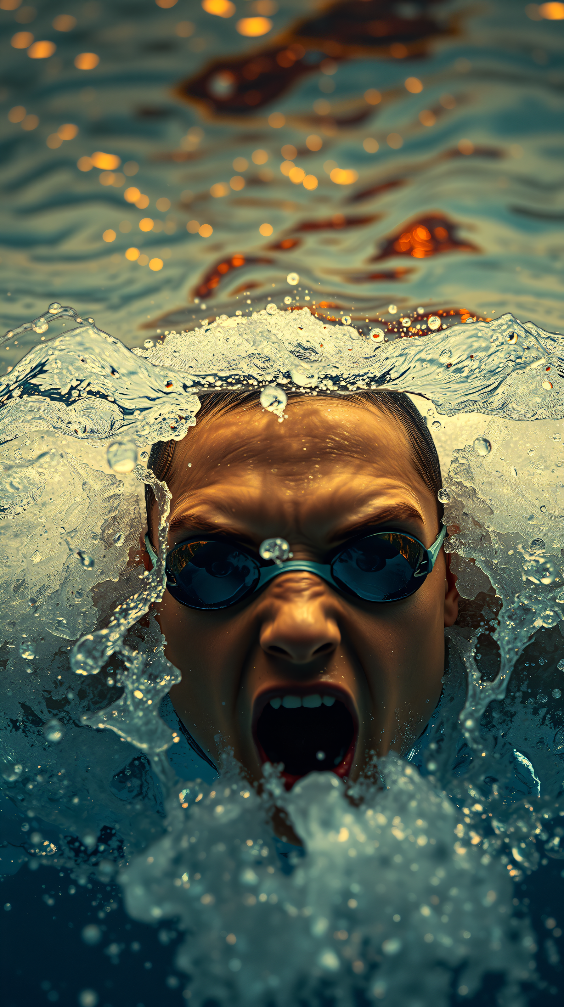 Intense Swimmer Emerging from Dynamic Water Splash, swimmer, swimming, water splash, goggles, intense, dynamic