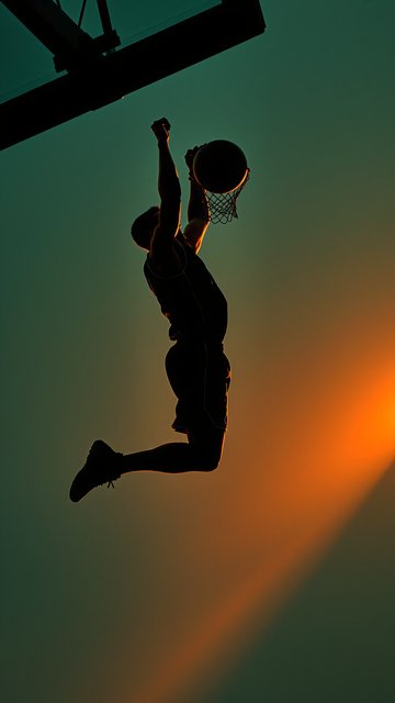 Dynamic Basketball Dunk Silhouette at Sunset