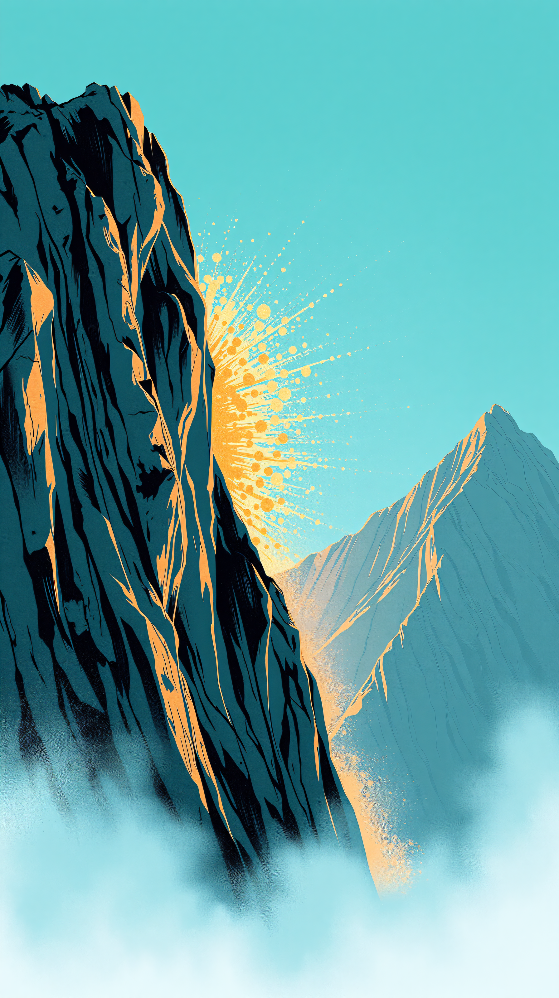 Stylized Mountain Sunrise over Misty Peaks, mountain, sunrise, landscape, nature art, stylized, graphic