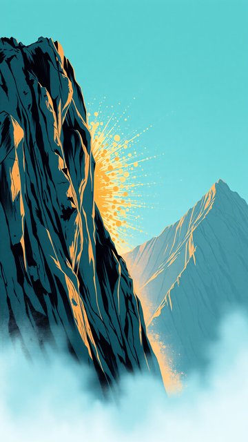 Stylized Mountain Sunrise over Misty Peaks