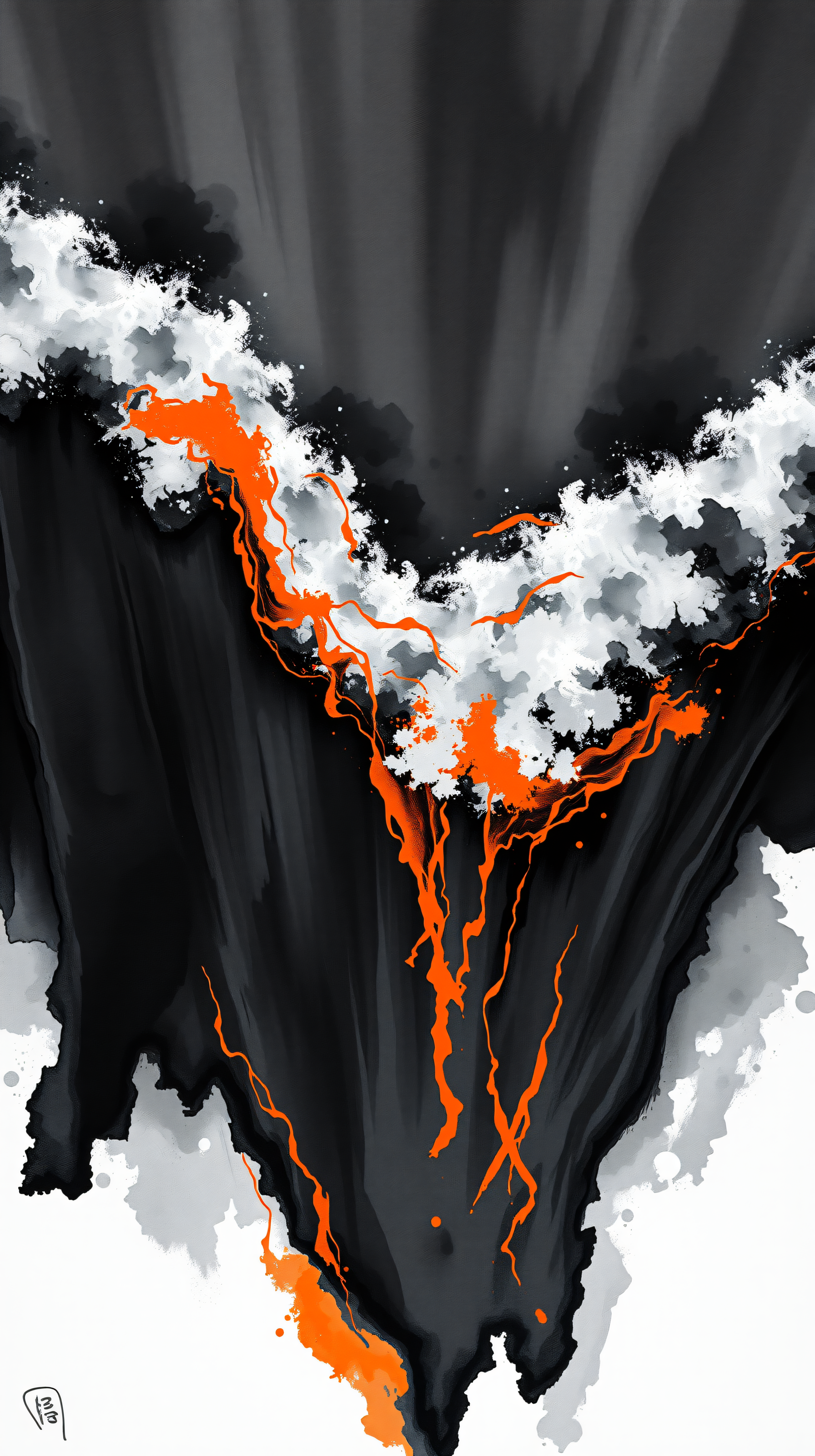 Dynamic Abstract Art: Orange Flow on Dark Ink Wash, abstract art, dynamic, orange, black and white, ink wash, modern