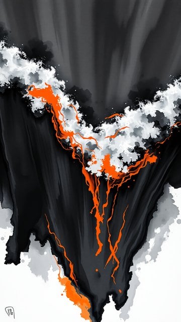 Dynamic Abstract Art: Orange Flow on Dark Ink Wash