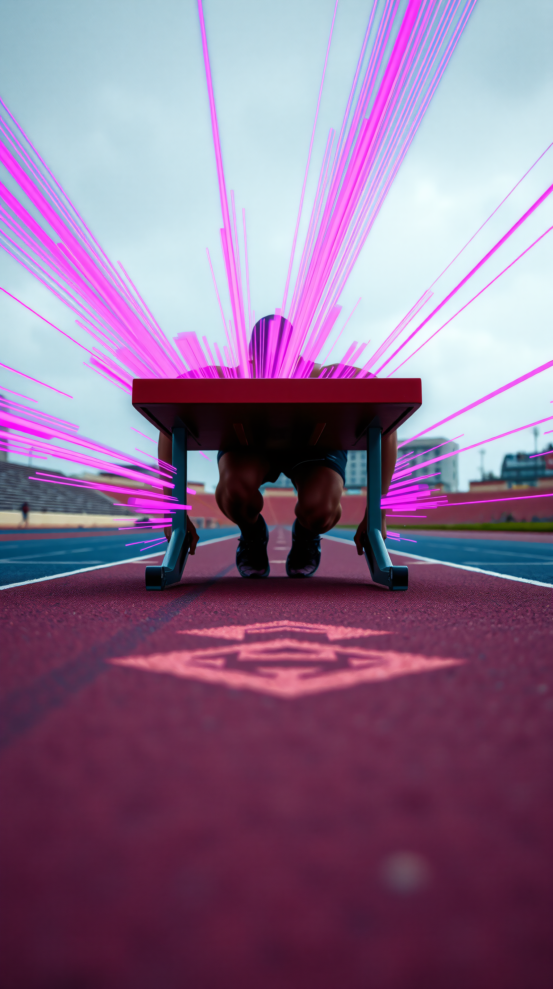 Athlete at Starting Block with Neon Energy Trails, athlete, runner, track and field, starting block, speed, energy