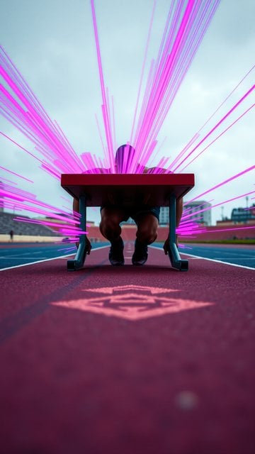 Athlete at Starting Block with Neon Energy Trails