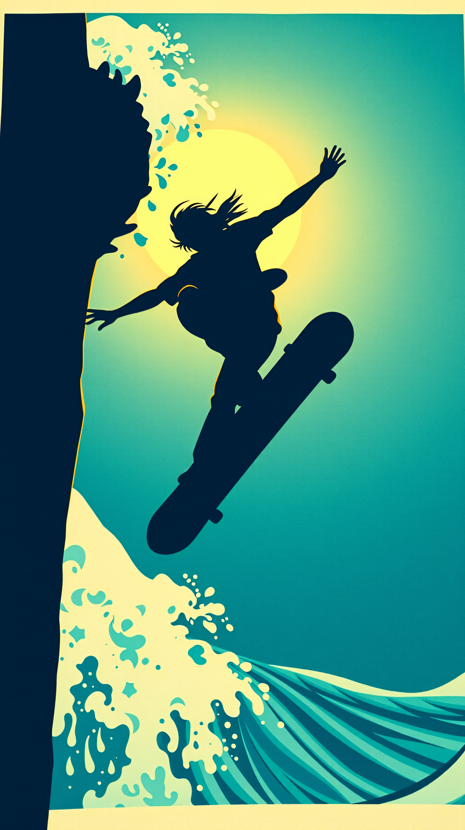 Dynamic Skateboarder Sunset Wave Jump Art, skateboarder, sunset, wave, jump, silhouette, illustration