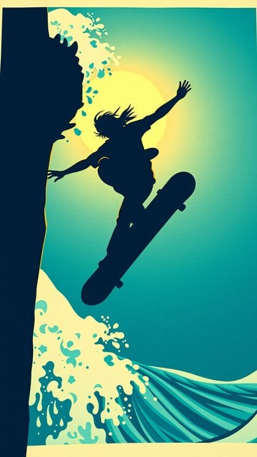 Dynamic Skateboarder Sunset Wave Jump Art