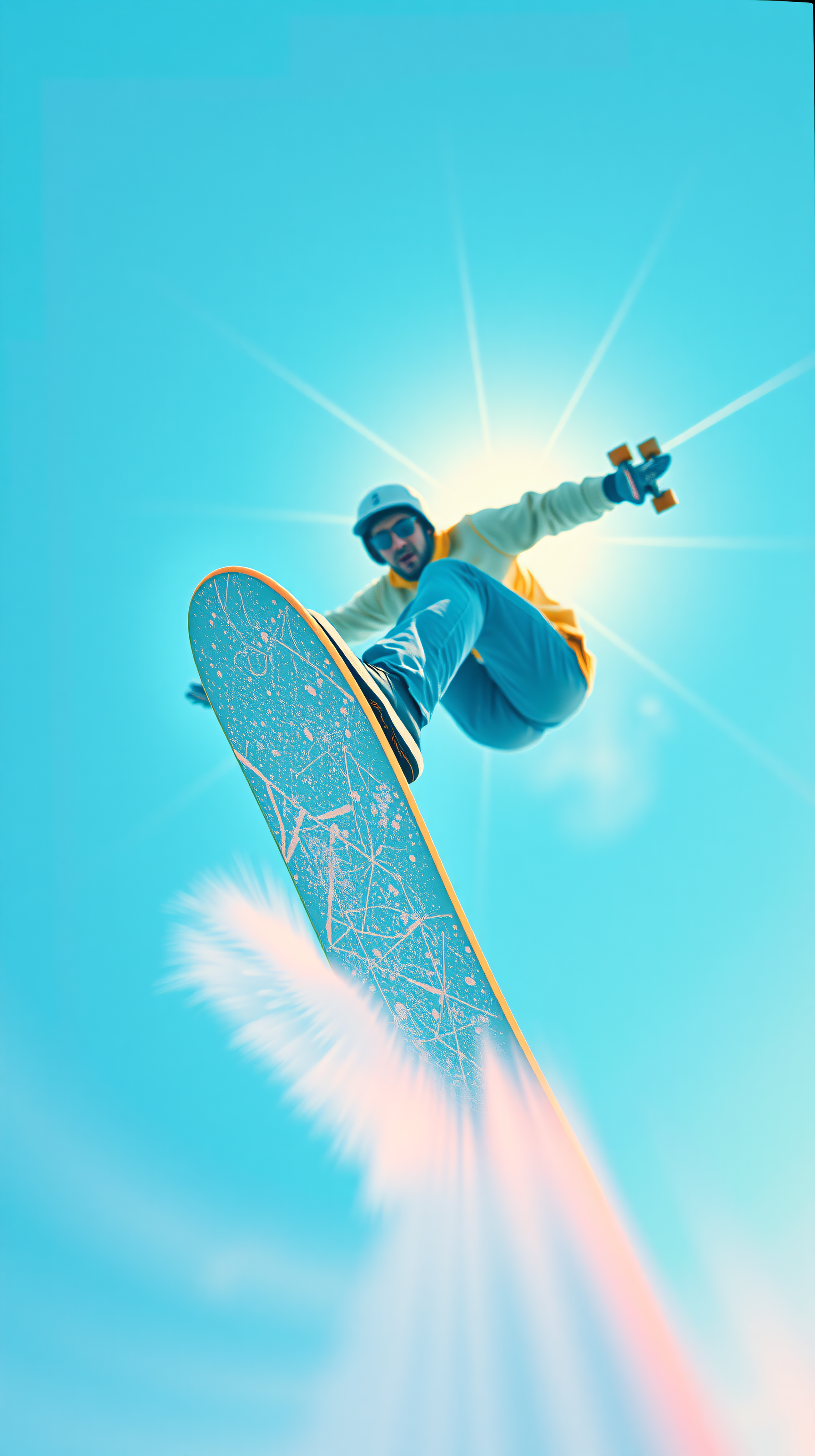 Skateboarder Jump Mid-Air with Bright Sun Flare, skateboard, skateboarding, extreme sports, jump, mid-air, sun flare