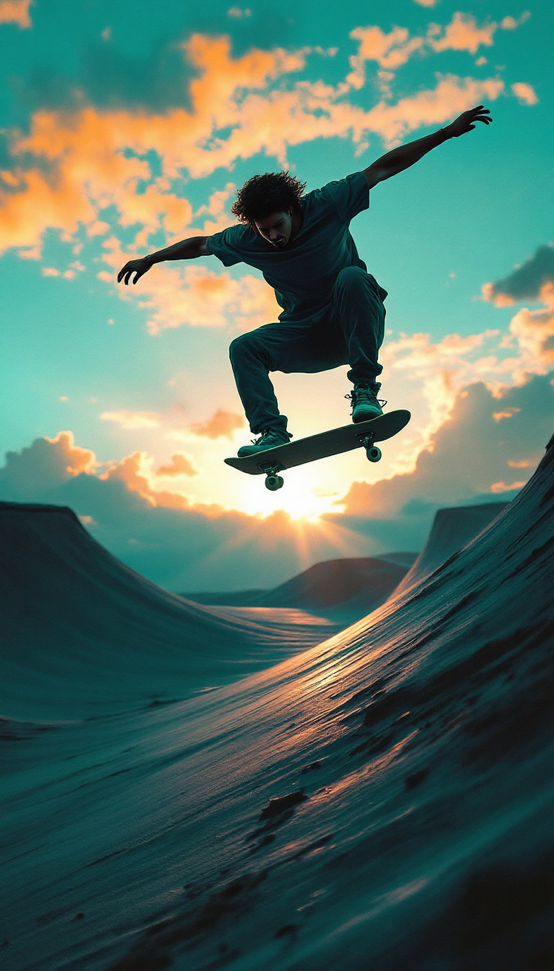 Skateboarder Sunset Jump: Dynamic Teal & Orange, skateboarder, sunset, skatepark, extreme sports, teal orange, dynamic