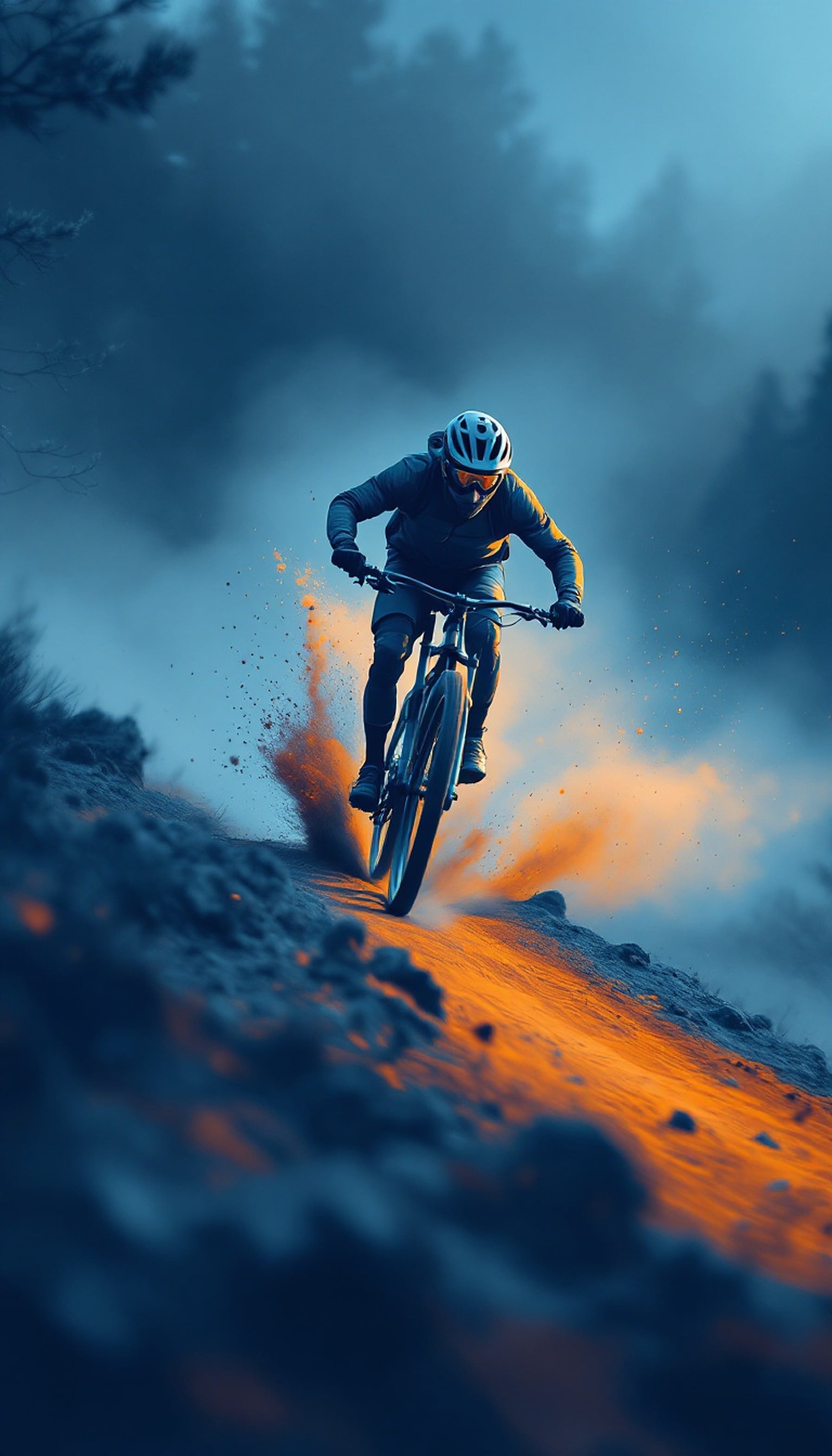 Dynamic Mountain Biking Action Wallpaper, mountain biking, sports wallpaper, action, dynamic, orange and blue, dust