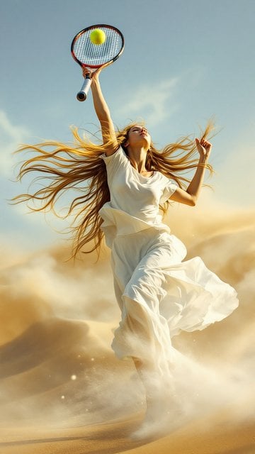 Desert Tennis Serve: Woman in White with Racket