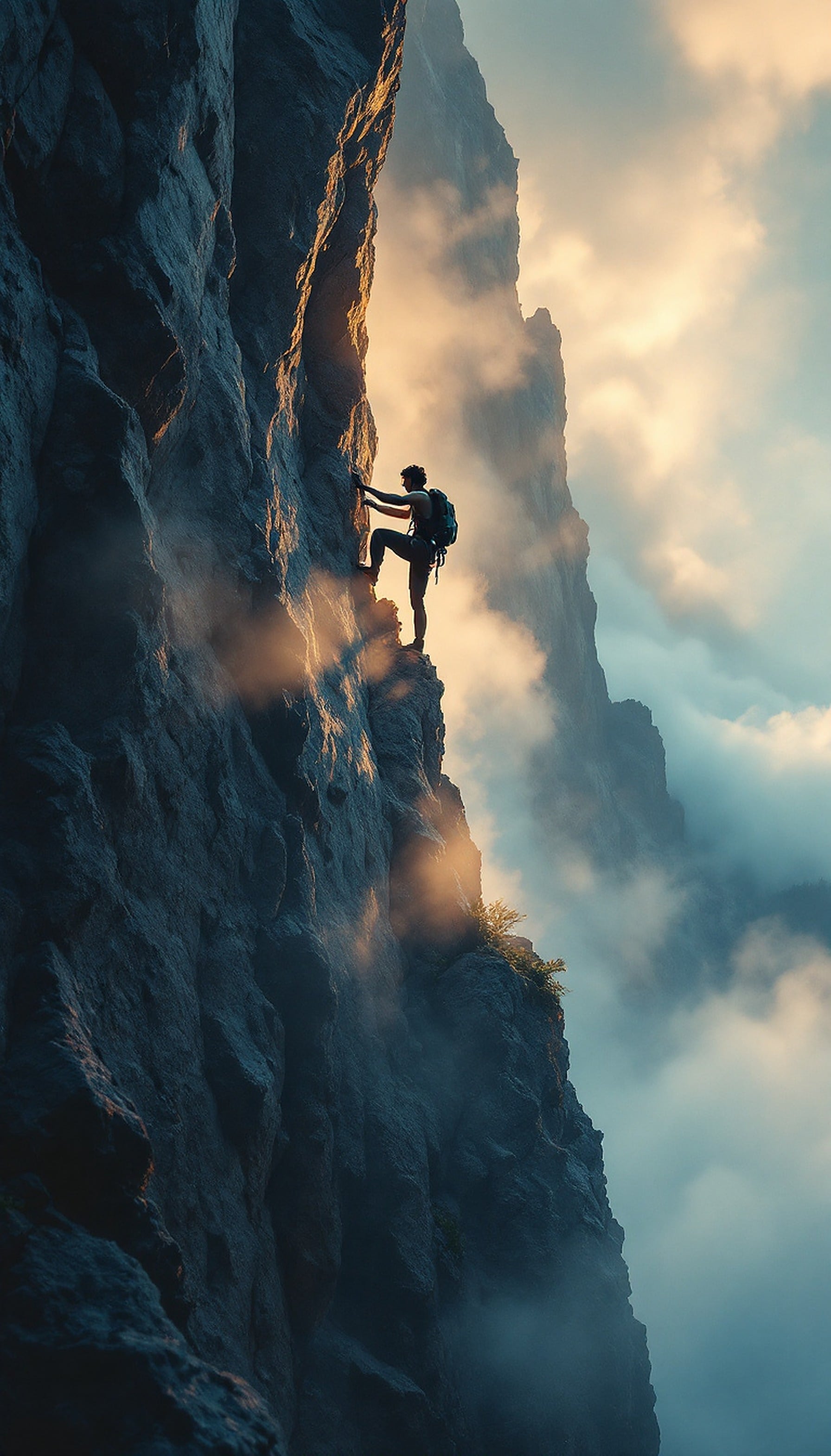 Mountain Climber at Golden Hour, Misty Peaks, mountain climber, climbing, adventure, golden hour, misty mountains, nature