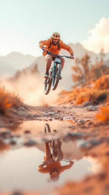 Mountain Biker Jumping Over Puddle at Sunset