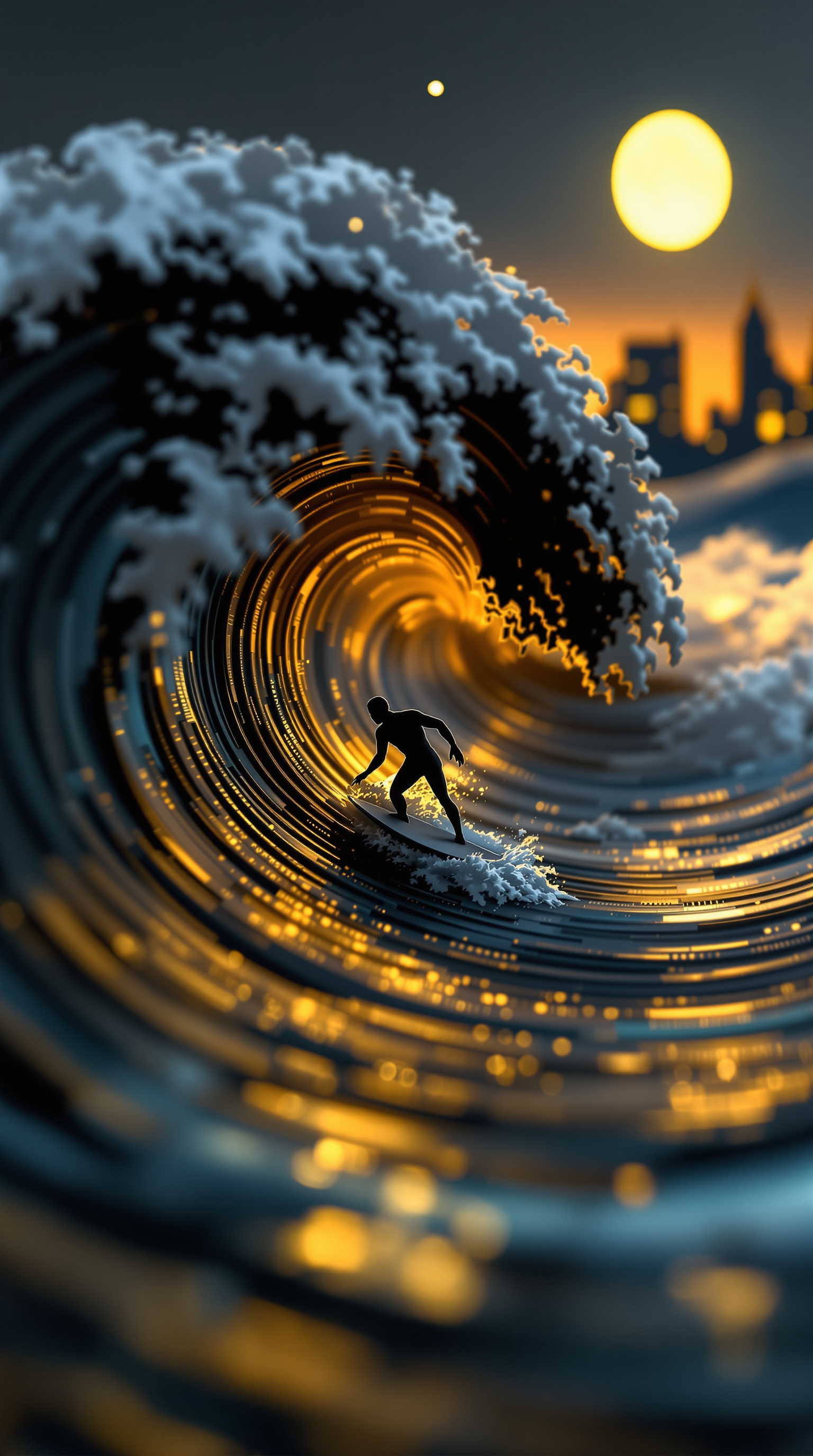 Surfer on Golden Wave at Sunset City, surfer, wave, sunset, city skyline, digital art, golden