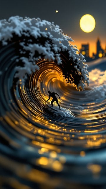 Surfer on Golden Wave at Sunset City