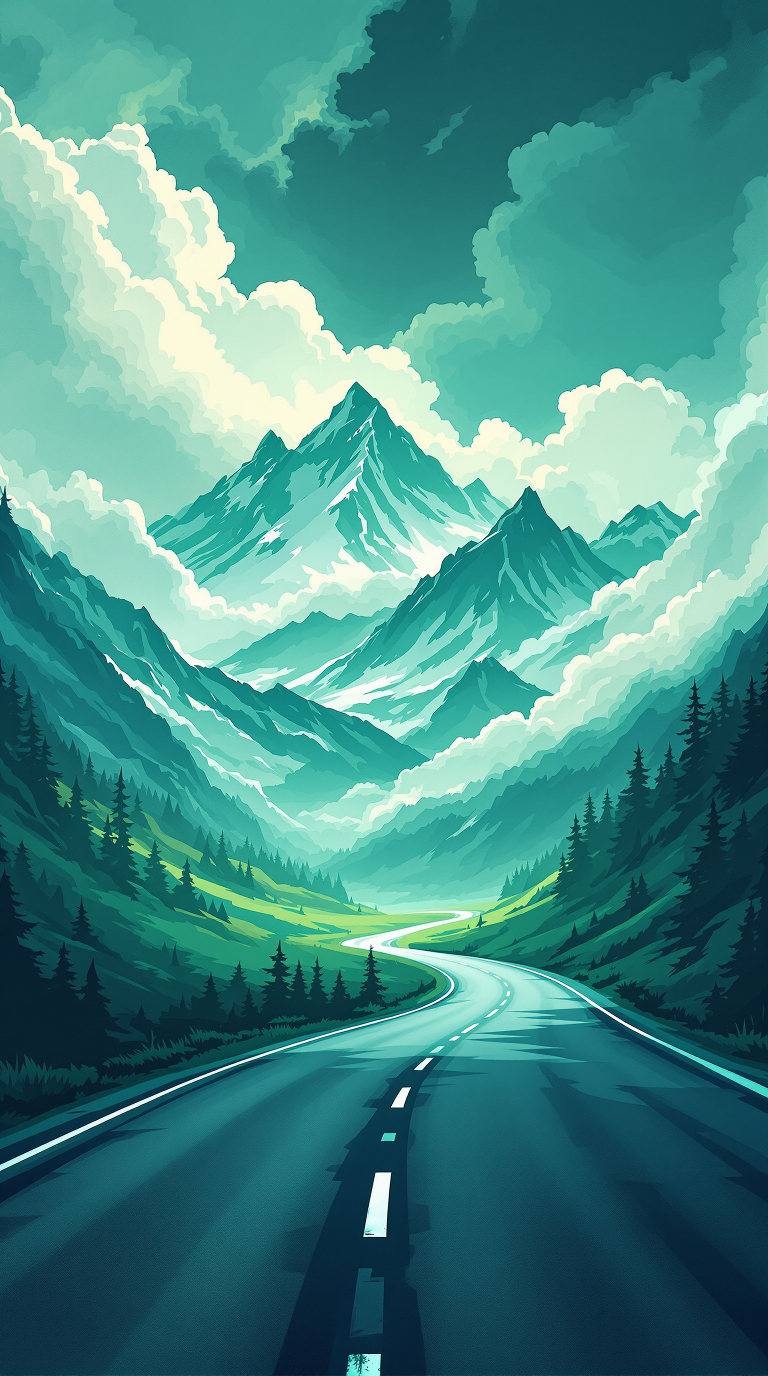 Misty Mountain Road Landscape Wallpaper, mountain, road, landscape, misty, valley, teal