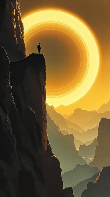 Cosmic Traveler on Cliff Edge at Ringed Planet Sunset