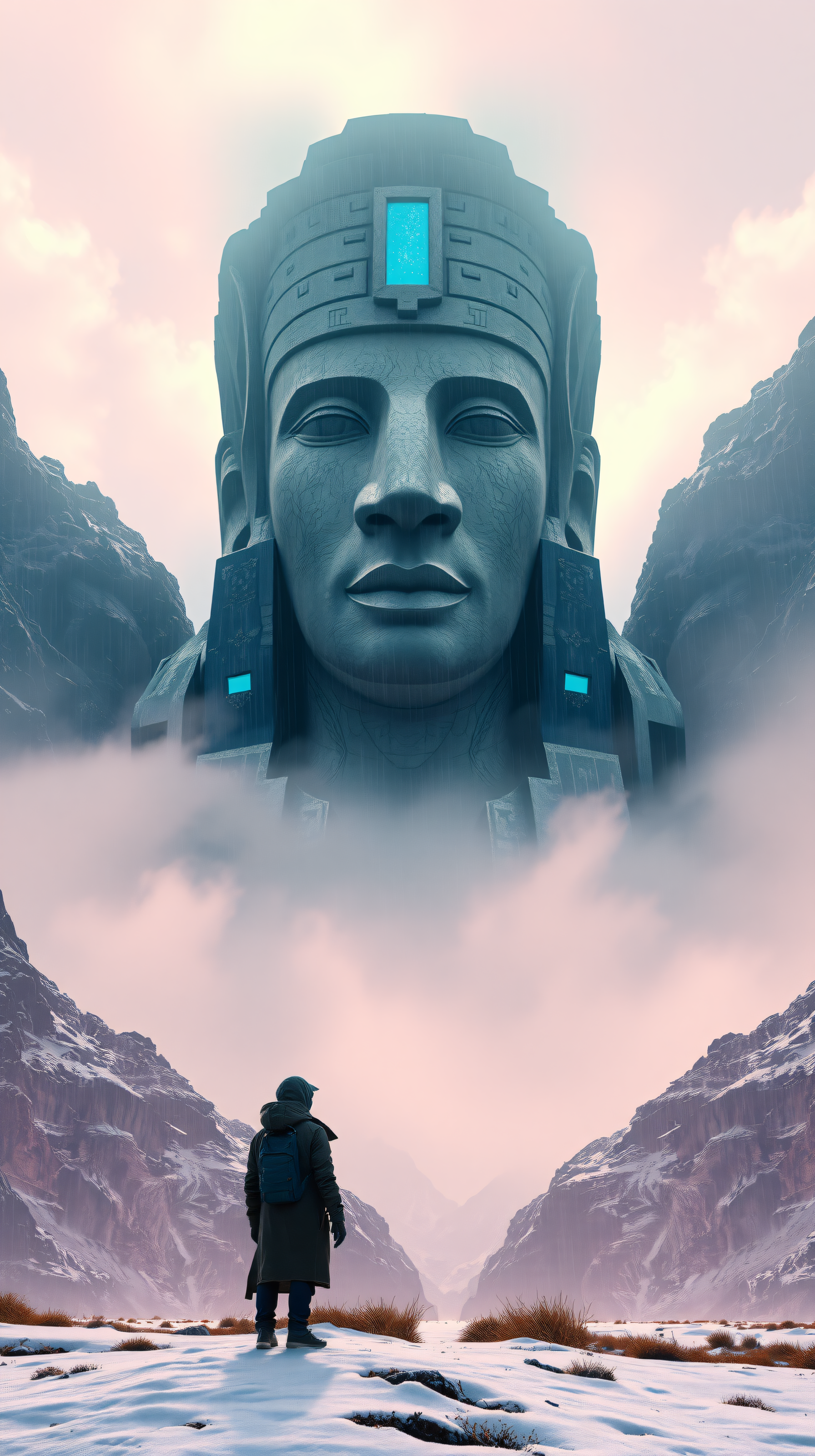Mystic Colossal Head in Snowy Mountain Valley, colossal statue, sci-fi fantasy, mysterious landscape, snowy mountains, pink sky, teal stone
