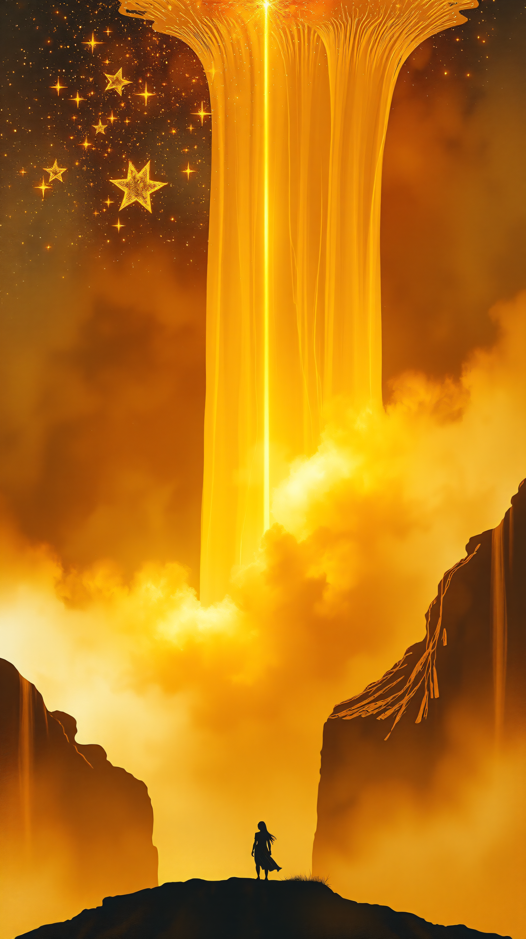 Golden Light Beam Fantasy Wallpaper with Silhouette, fantasy, golden, light beam, silhouette, mystical, magical
