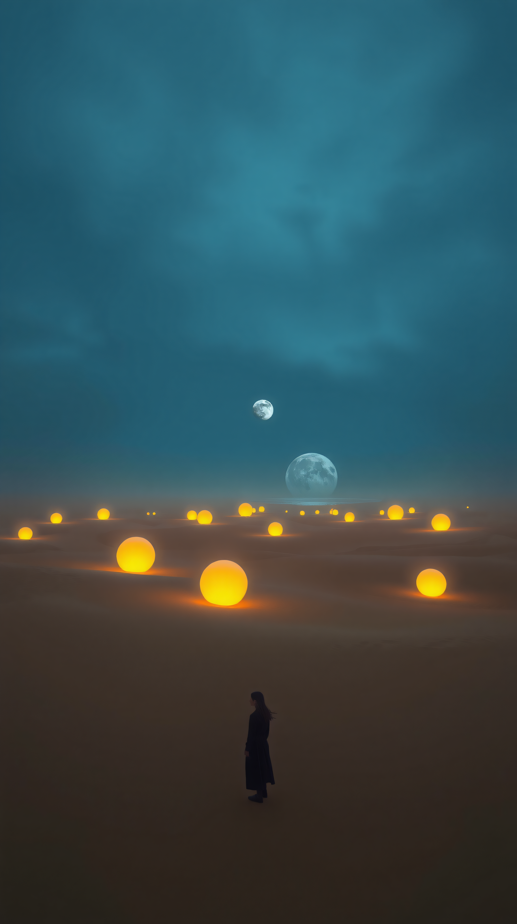 Surreal Night Desert with Glowing Orbs & Moons, surreal, fantasy, dreamy, glowing orbs, moon, night
