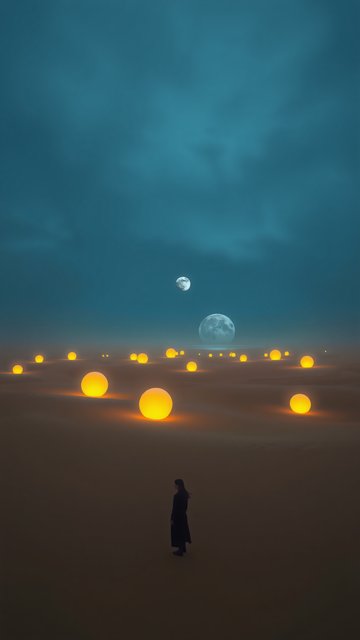 Surreal Night Desert with Glowing Orbs & Moons