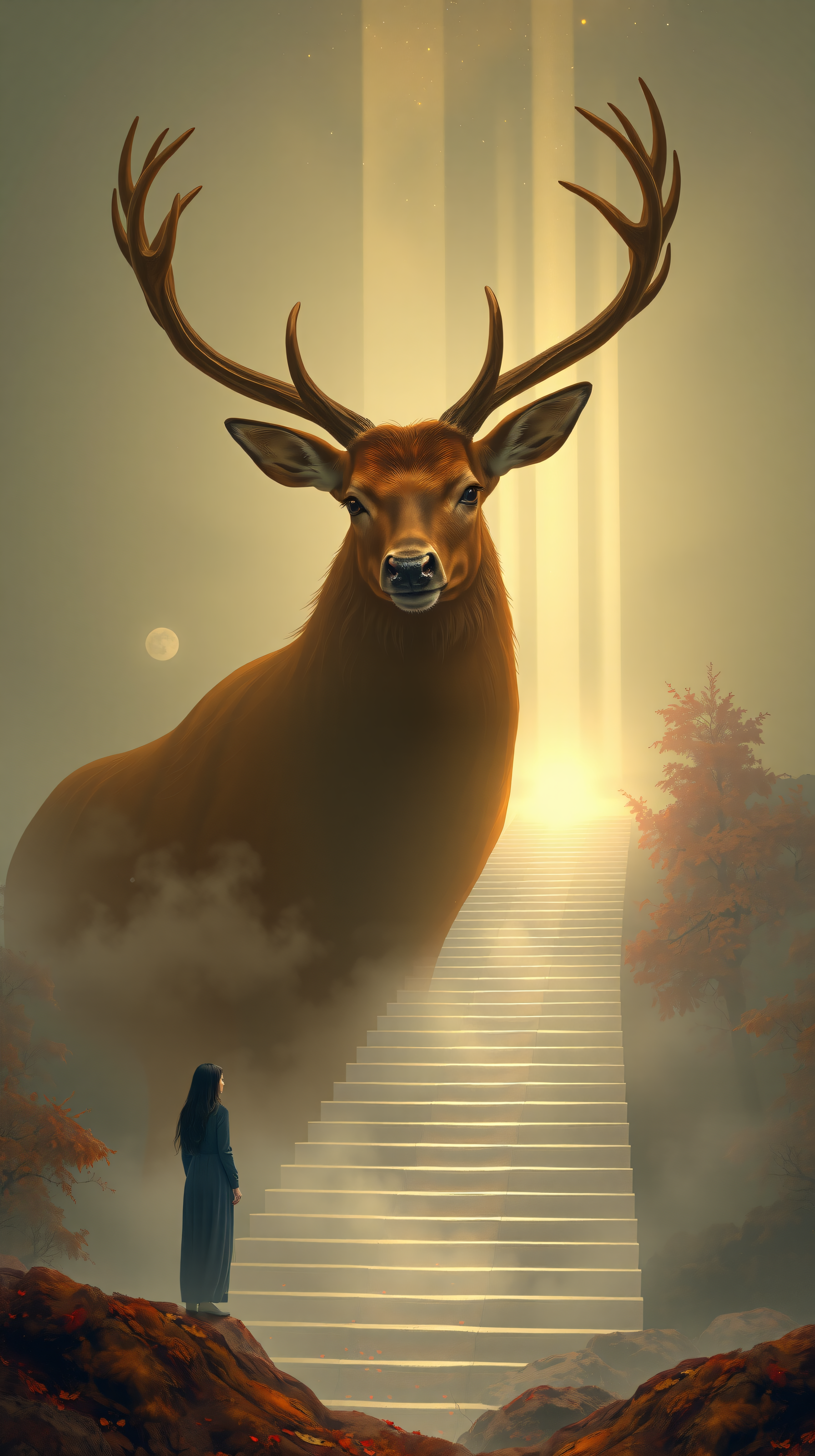 Mystical Deer Guardian on Ethereal Stairway Wallpaper, deer, stag, fantasy, mystical, spiritual, dreamy