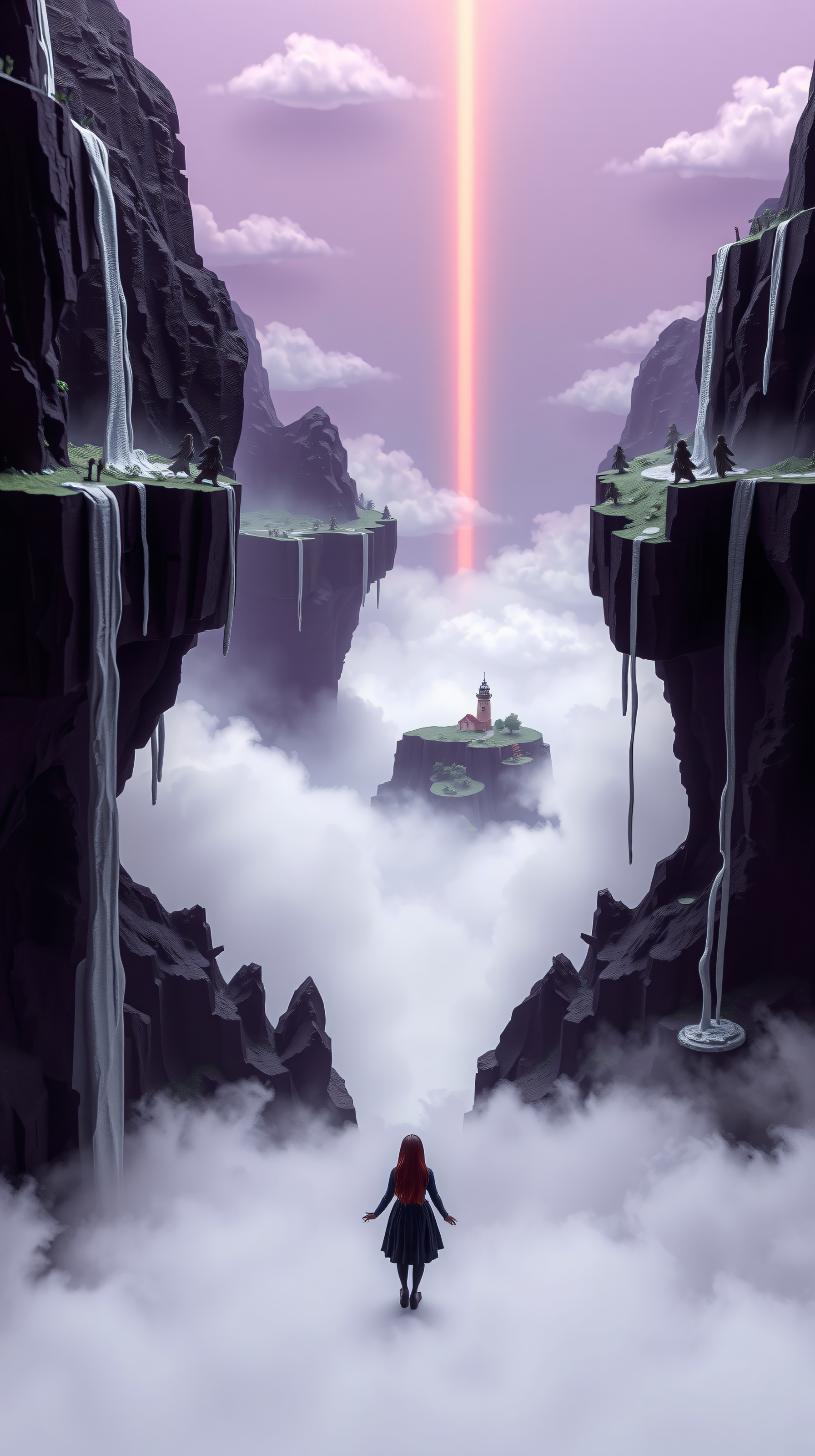 Dreamy Floating Cliffs Lighthouse with Magical Beam, fantasy, floating islands, lighthouse, magic, waterfall, purple sky
