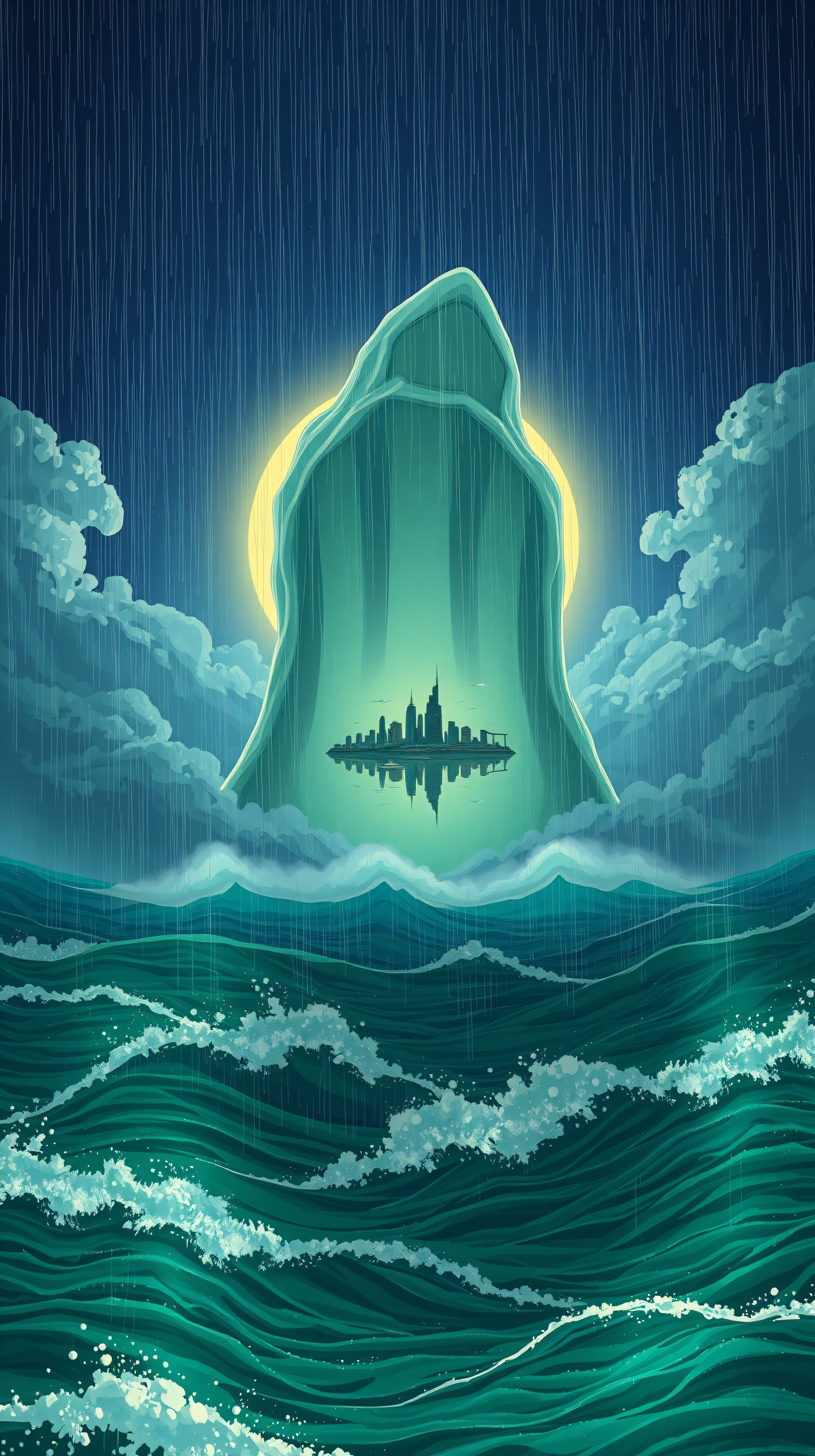 Rainy Sea City Under Glowing Arch Illustration, rain, ocean, city, fantasy, sci-fi, mysterious