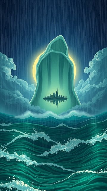 Rainy Sea City Under Glowing Arch Illustration