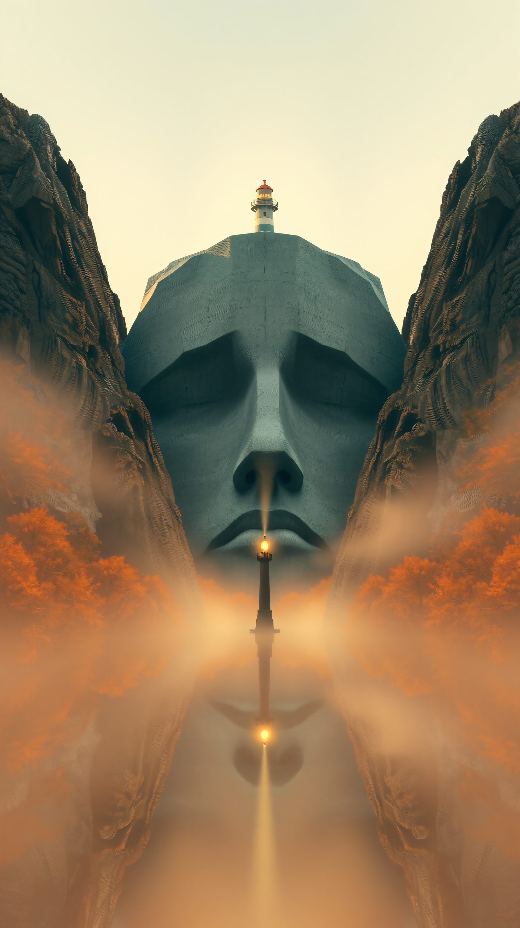 Surreal Lighthouse & Giant Face Mountain Misty Glow, surreal, lighthouse, giant face, mountain, misty, golden glow