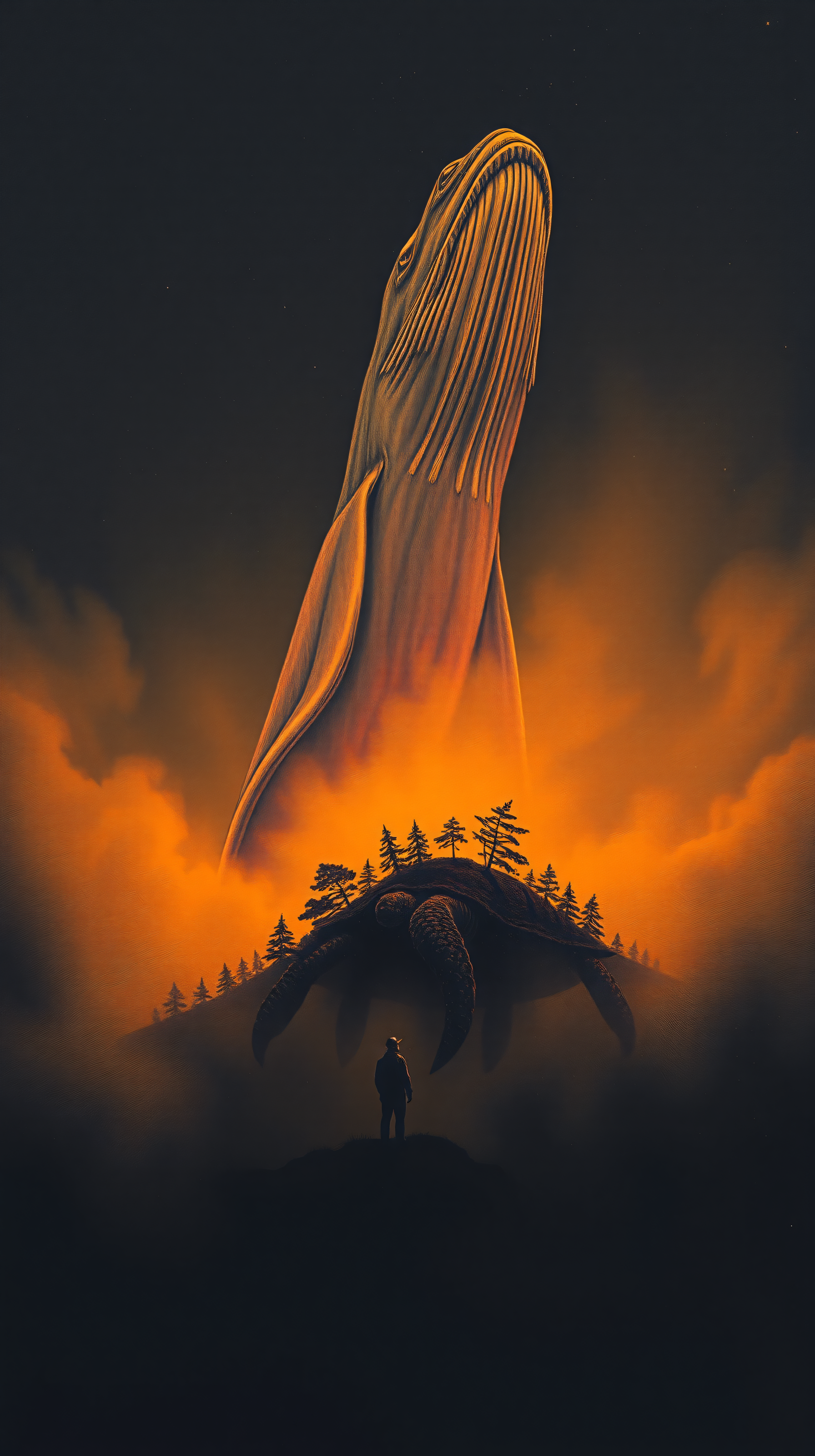 Surreal Whale & Turtle Island in Orange Night Sky, whale, turtle, fantasy, surreal art, night sky, orange glow