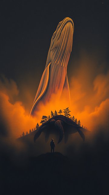 Surreal Whale & Turtle Island in Orange Night Sky