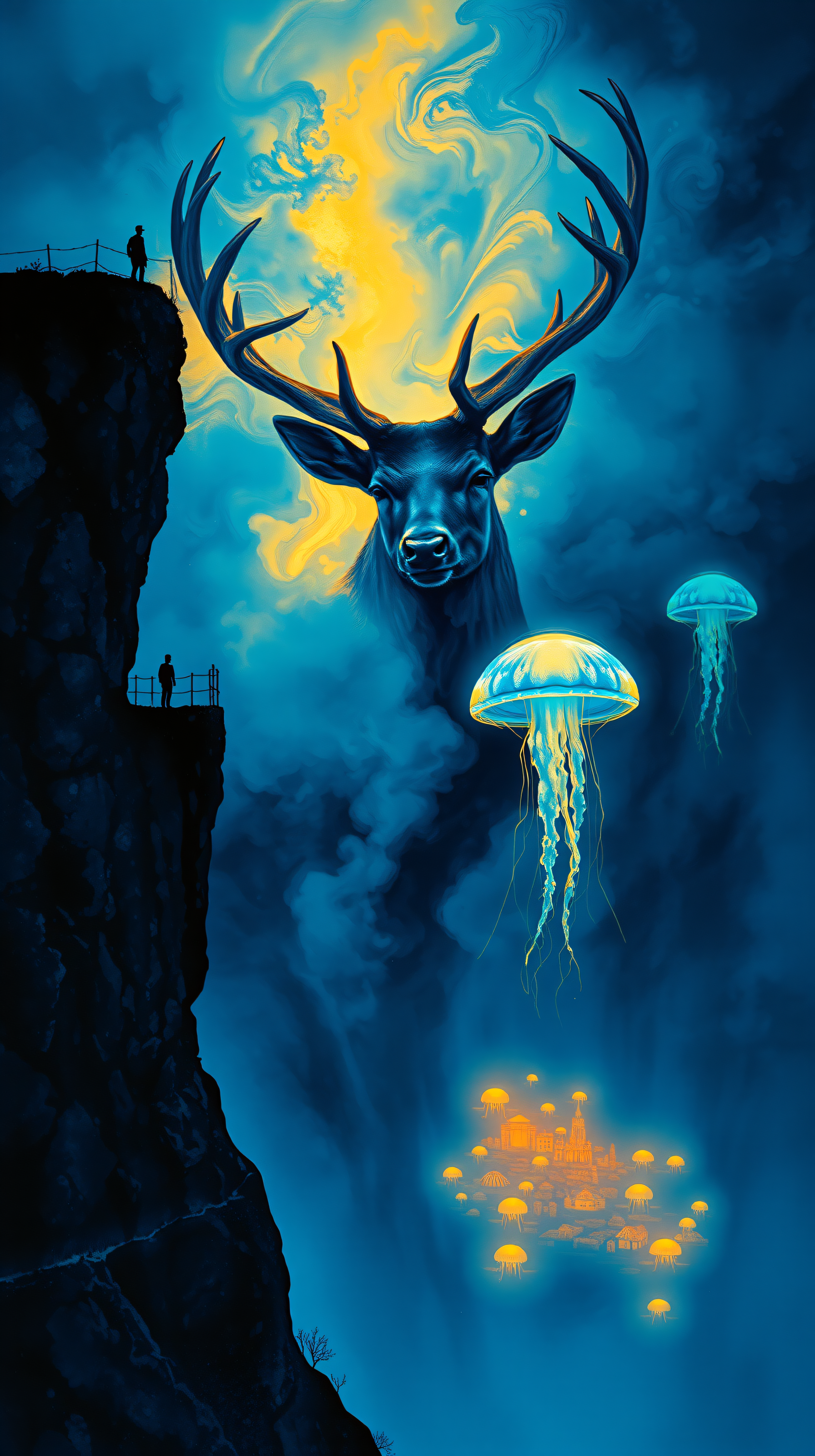 Surreal Blue Gold Fantasy Deer Jellyfish Art, surreal, fantasy, deer, stag, jellyfish, blue gold